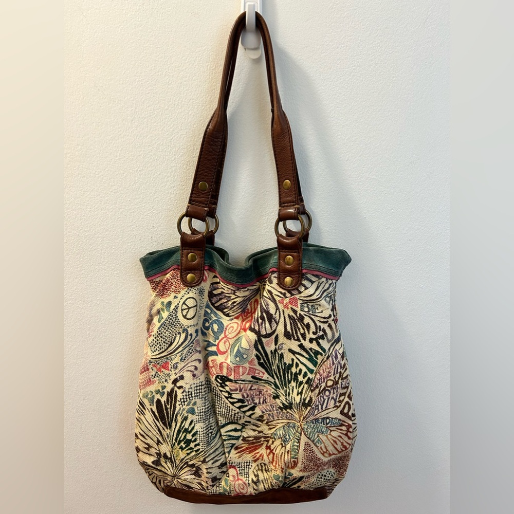Lucky Brand Multicolor Canvas & Brown Leather Shoulder Bag